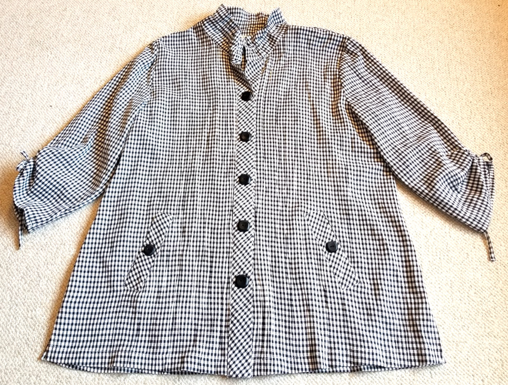 Womens Top-NORM THOMPSON-white/black gingham button-up tunic lagenlook BOHO-L